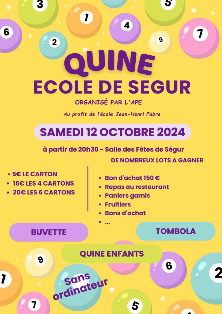 Lire la suite à propos de l’article Samedi 12 octobre à Ségur: Quine de l’école 💼✏️📚